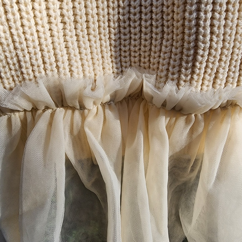 Cream Rib-Knit Open Front Cardigan Tulle Ruffle Hem Coquette Feminine Romantic - Picture 3 of 10